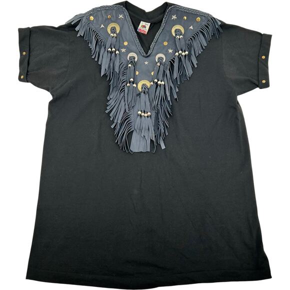 VTG 90s Women's Fruit of the Loom Leather Fringe Single Stitch T Shirt Top Sz L - Picture 1 of 7